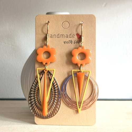 Boucle d'oreille dépareillée, fantaisie,cadeau femme,orange et jaune,original