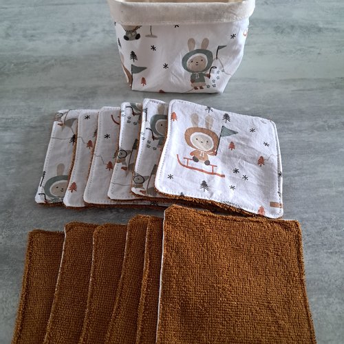 Lot 12 lingettes lavables zero dechet en eponge bambou et panier assortie