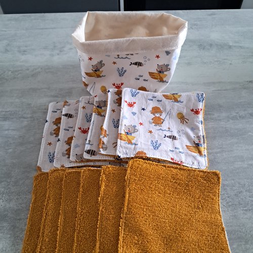 Lot 12 lingettes lavables zero dechet en eponge bambou et panier assortie