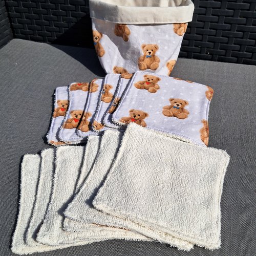 Lot 12 lingettes lavables zero dechet en eponge bambou et panier assortie