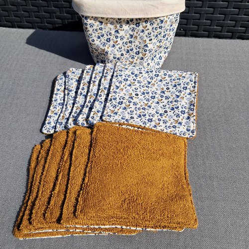 Lot 12 lingettes lavables zero dechet en eponge bambou et panier assortie