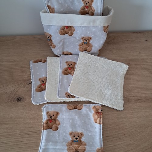 Lot lingettes lavables et panier assorti en eponge bambou et coton fait main