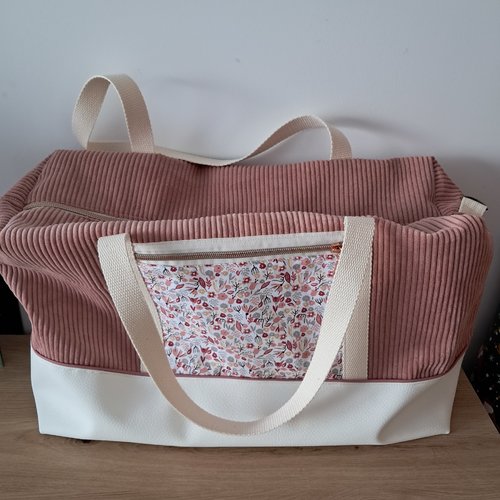 Sac week-end fait main – velours côtelé rose poudré et tissu fleuri