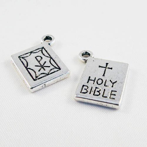 Bcp107b - 2 breloques pendentifs livre bible croix "holy bible" argent 