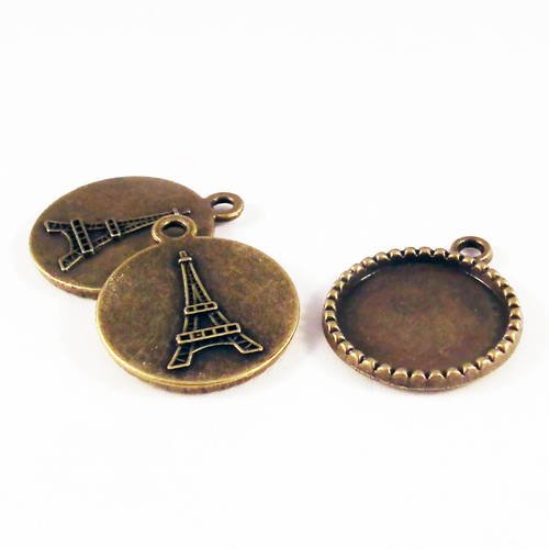 Cac24 - 3 pendentifs breloques support cabochon plateau de 18mm bronze motifs tour eiffel paris france 