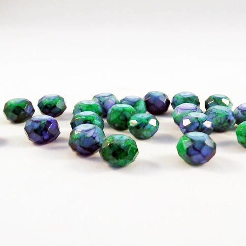 Inv51 - rare lot de 5 perles précieuses en cristal à facettes veines de dragon marbre colorisé moucheté bleu vert 