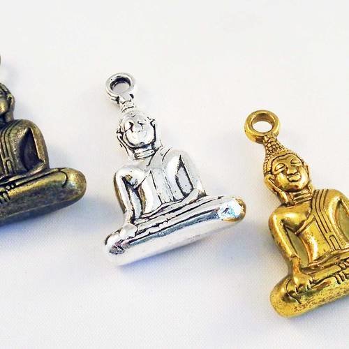 Bp11 - lot de 3 breloques 3d pendentifs charm buddha méditation yoga zen argent bronze et doré 
