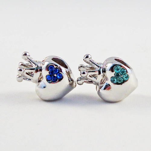 Hev22 - 2 perles motifs coeur couronne avec cristal strass bleu et vert style pandor gravure love 