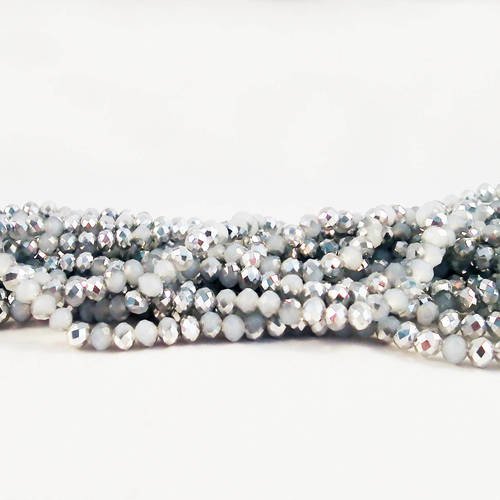 Sw01a - 10 perles précieuses en verre abacus rondelles à facettes blanc opaque plaqué argent bicolore brillant à reflets 