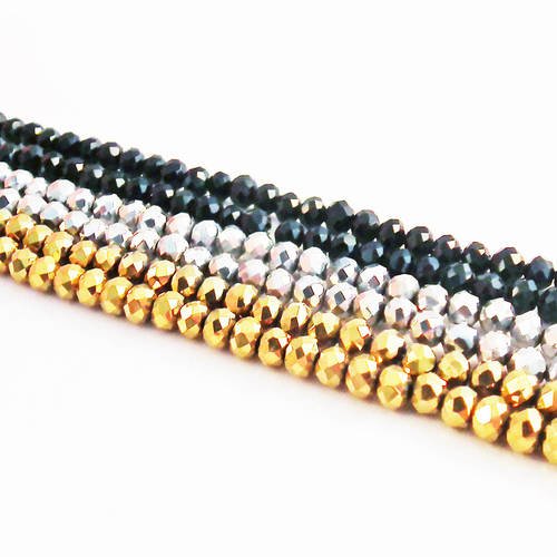 Sw02 - 30 perles précieuses en verre abacus rondelles à facettes brillant à reflets doré argenté et noir 