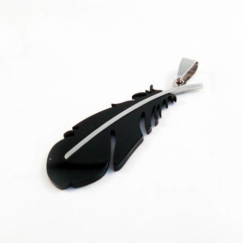 Bp150n - jolie breloque pendentif motif feuille arbre plume en acier de couleur noir avec bélière argenté 