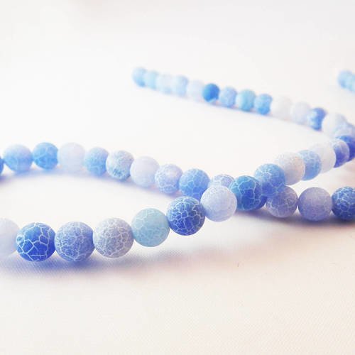Pfm47g - lot de 10 perles en agate veine de dragon ronde de 8mm effet glacé frosted de couleur bleu blanc. 