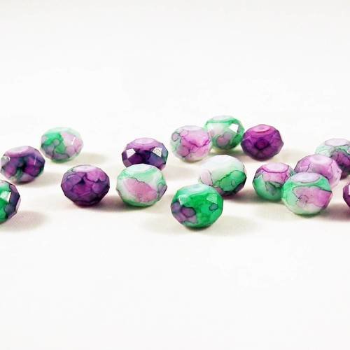 Psm67b - rare 5 perles précieuses en cristal à facettes veines de dragon marbre colorisé lilas mauve vert blanc à reflets 