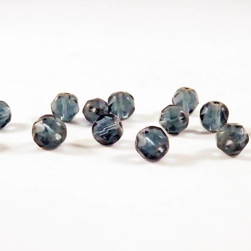 Inv42 - lot de 10 perles vieux bleu gris cendré vintage semi transparent rondes à facettes de 6mm