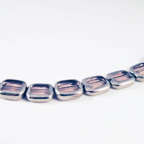 Inv24 - lot de 5 perles rectangles arrondis en verre taupe reflets pourpre délavé vintage semi transparent et bordure en méta 