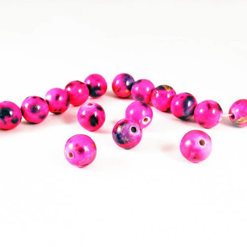 Inv19 - lot de 5 perles en verre rose fuchsia mauve reflets doré scintillant à motifs abstraits de 10mm 