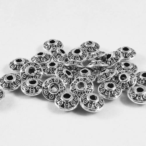 Isp81 - lot de 5 perles  intercalaires spacer soucoupe style rétro argent vieilli, 6x3mm. 
