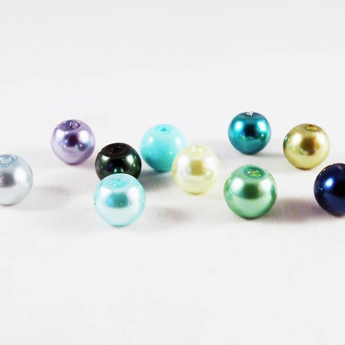 Pd68 - lot de 10 perles en verre de 6mm de couleurs mixtes teintes de bleu, vert, gris, lilas 