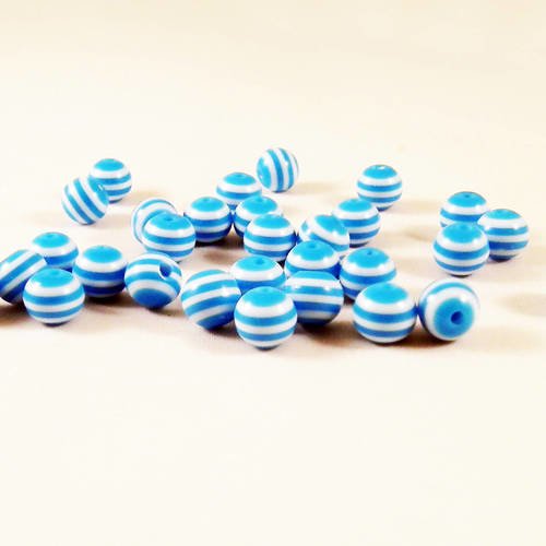 Pd17b - lot de 10 perles à rayures bleu ciel et blanc zébrées rayures de 6mm de diamètre bateau mer plage voilier 