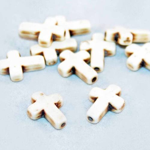 Phw70 - lot de 2 perles connecteurs howlite croix de couleur beige blanc écru de 16x12mm. 