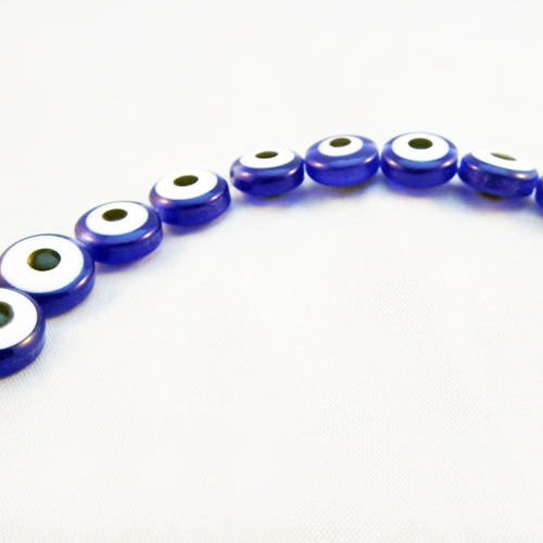Inv67 - rare 5 perles rondes plates irrégulières uniques en verre oeil grec chanceux bleu minuit foncé blanc 