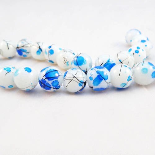 Inv139 - lot de 5 perles en verre ronde bleu ciel turquoise eau blanc à motifs abstraits asiatiques tribal reflets 