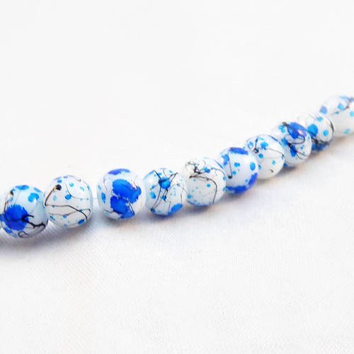 Inv140 - lot de 5 perles en verre ronde bleu ciel turquoise eau blanc à motifs abstraits asiatiques tribal reflets 