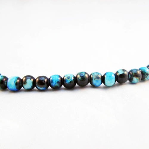 Inv164 - lot de 5 perles en verre ronde bleues gris noir à motifs abstraits asiatiques tribal reflets 