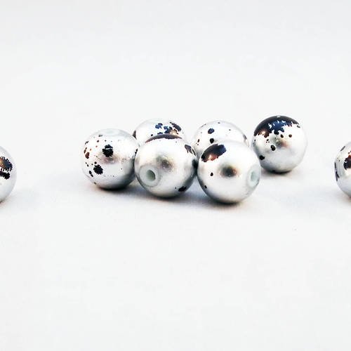 Inv93 - rare lot de 2 perles en verre motifs abstraits moucheté léopard jungle tribal gris et noir électrique animalie 