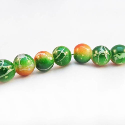 Inv143 - 5 rares perles 8mm en verre motifs abstrait orange vert olive blanc moucheté jungle léopard. 