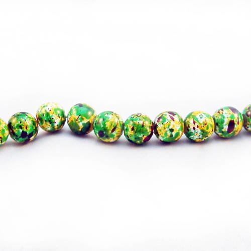 Inv141 - 5 rares perles 8mm en verre motifs abstrait jaune vert olive blanc noir moucheté jungle léopard 