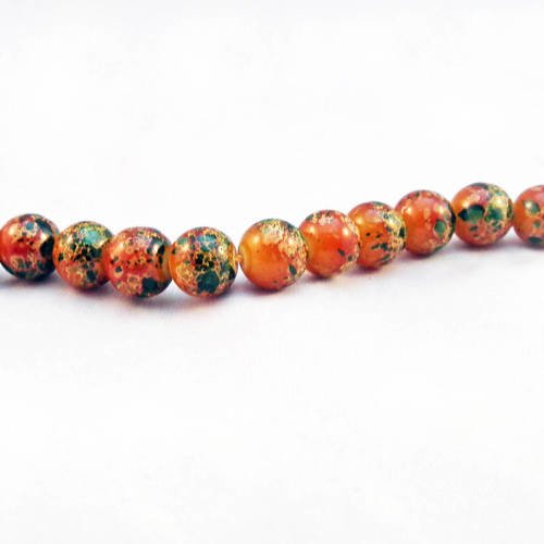 Inv145 - 5 rares perles 8mm en verre motifs abstrait orange vert olive rayure marron moucheté. 