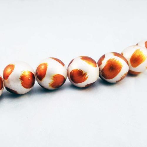 Inv102 - rare lot de 2 perles en verre motifs moucheté léopard jungle tribal orange reflets blanc beige crème 
