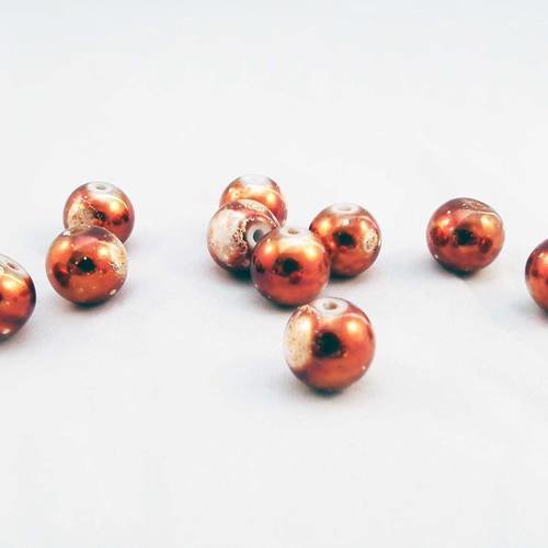 Inv153 - lot de 5 perles rondes orange électrique scintillant moucheté motifs tribal graffiti abstrait blanc peints 