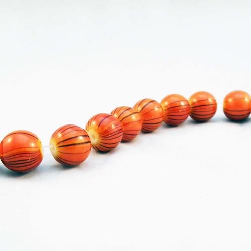 Inv150 - 5 perles en verre teintes orange rayures noires citrouille halloween de 10mm de diamètre. 