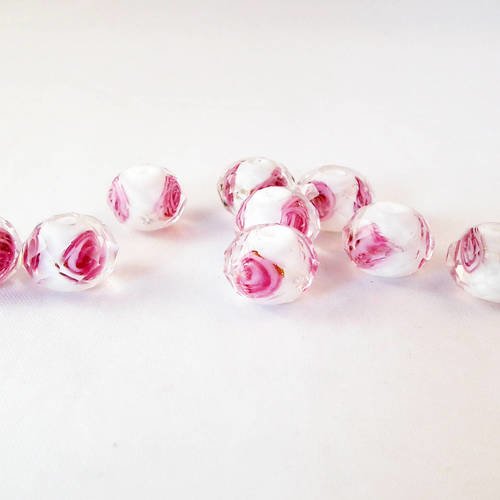 Pfm50b - lot de 2 perles en verre lampwork blanc à facettes motifs intérieur fleurs roses de 12x8mm 