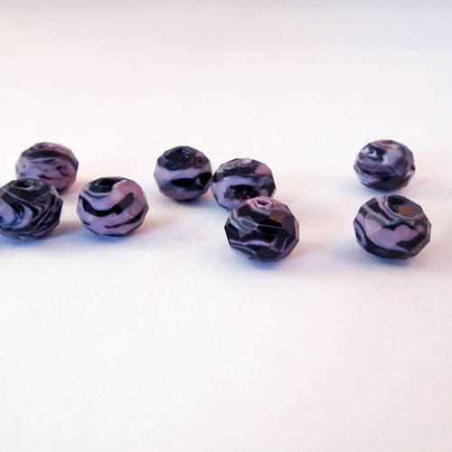 Pfm46 - lot de 2 perles en verre lampwork mauve violet lilas et noir zébré à facettes motifs rayures de 12x10mm. 