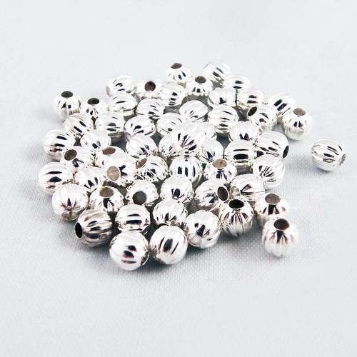 Isp71p - lot de 5 perles intercalaires spacer rondes à motifs rayures argent brillant, 3.5mm de diamètre. 
