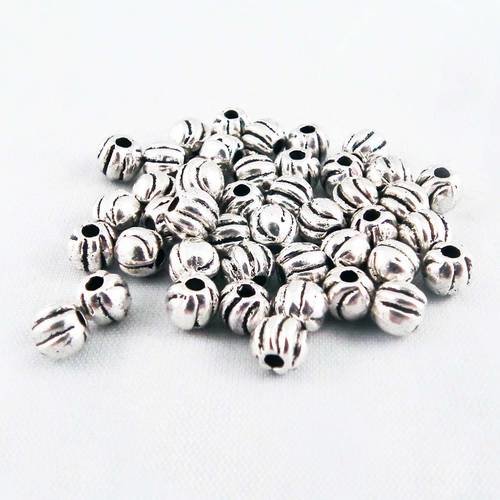 Isp71m - lot de 5 perles intercalaires rondes à motifs rayures en argent vieilli, 4mm de diamètre. 