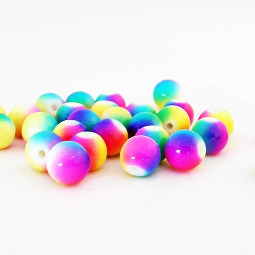 Pd43f - lot de 5 perles en verre rondes multicolores teintes pop fluo de 8mm de diamètre. 