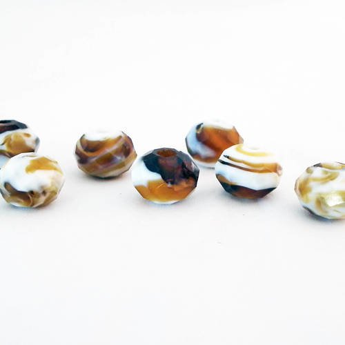 Pdl161 - lot de 8 perles en verre lampwork à reflets marron brun café blanc noir rondelles de 10mm x 8mm à facettes. 