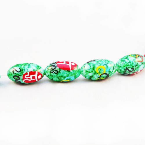 Pco64 - rare lot de 5 perles ovales en verre motifs olympiques peintes irrégulières effet porcelaine vert rouge blanc 