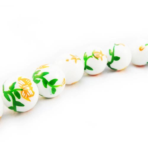 Pco57 - rare lot de 5 perles en verre motifs fleurs peintes irrégulières effet porcelaine orange vert blanc nature 