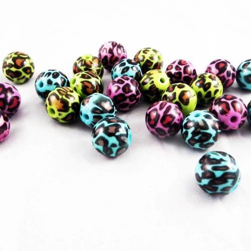 Pd44 - lot de 10 perles mouchetées motifs léopard de couleurs mixtes vert bleu violet et noir en acrylique de 12mm de diamètre. 