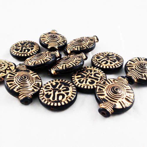 Pac112 - lot de 5 perles intercalaires spacer rondes plates à motifs mixtes aléatoires tribal totem rétro teintes bronze 