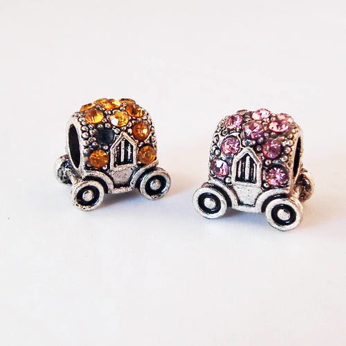 Pdl158 - lot de 2 perles vintage motifs voiture calèches rétro avec cristal strass rose et orange style pandor 