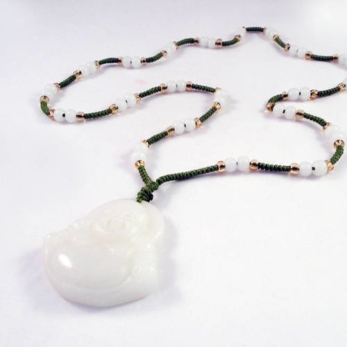Bz128 - magnifique rare breloque pendentif en jade blanc sculpté main buddha bien portant avec collier cordon 