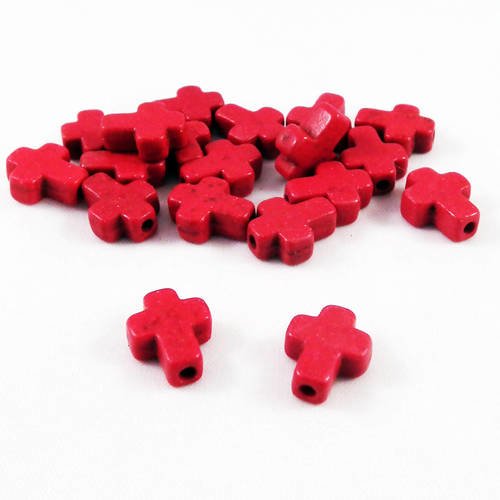 Phw21r - lot de 2 perles miniatures connecteurs howlite croix de couleur rouge de 10x8x3mm. 