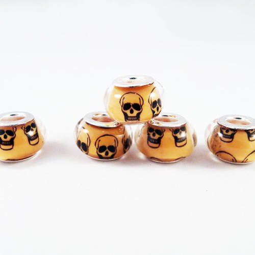Pd35j - lot de 5 perles en verre murano lampwork motifs irréguliers tête de morts de couleur orange de style pandor halloween 