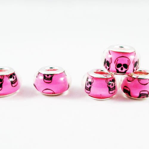 Pd35f - lot de 5 perles en verre murano lampwork motifs irréguliers tête de morts de couleur rose foncé de style pandor 
